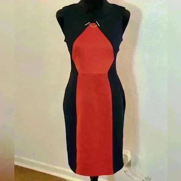 EnFocus Studio Sleeveless Coral & Navy Colorblock Midi Dress - Picture 1 of 5